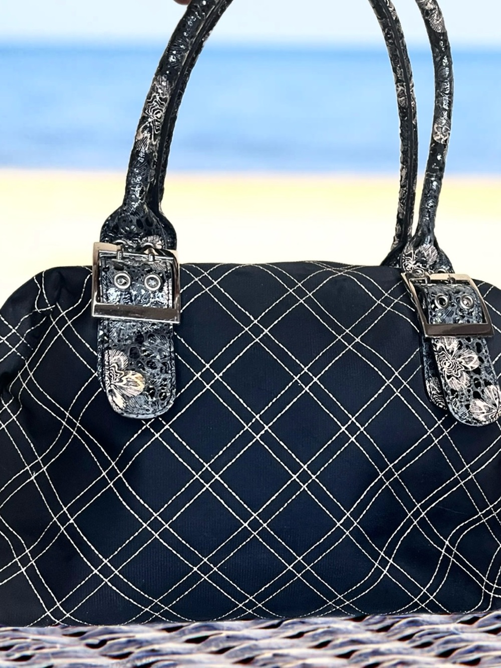 Sharif Quilted Black Satchel Handbag with Silver Stud Accents - Picture 2 of 3